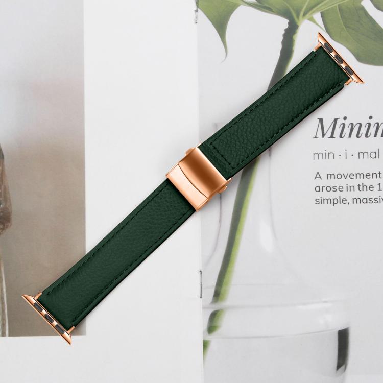 For Apple Watch 46mm / 49mm / 45mm / 44mm Lychee Texture Rose Gold Turtle Back Buckle Leather Watch Band(Green) - free shipping - PMC TechLife - Order now!