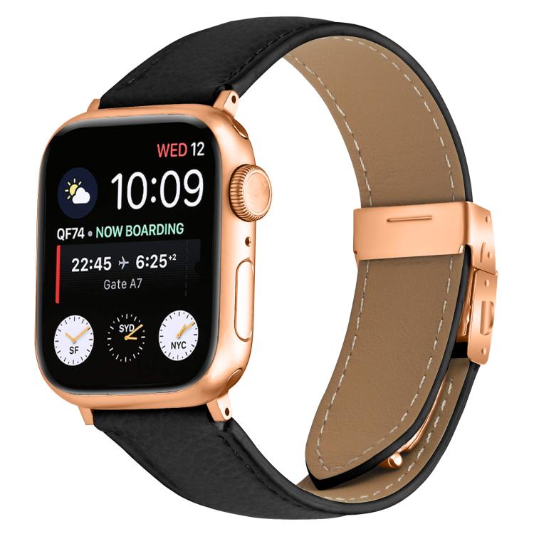 For Apple Watch 42mm / 41mm / 40mm / 38mm Lychee Texture Rose Gold Turtle Back Buckle Leather Watch Band(Black) - free shipping - PMC TechLife - Order now!