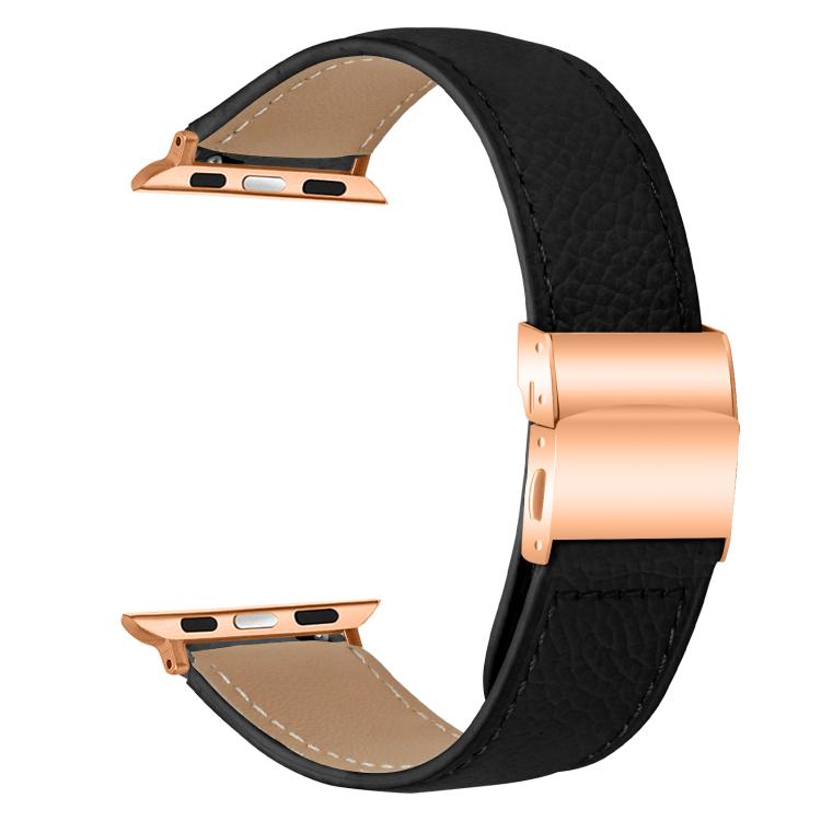 For Apple Watch 42mm / 41mm / 40mm / 38mm Lychee Texture Rose Gold Turtle Back Buckle Leather Watch Band(Black) - free shipping - PMC TechLife - Order now!