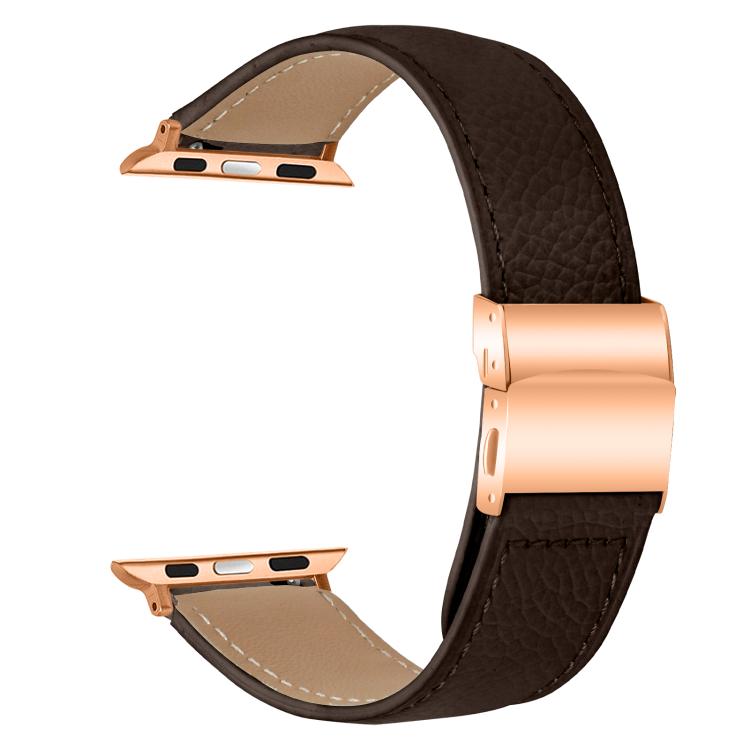 For Apple Watch 42mm / 41mm / 40mm / 38mm Lychee Texture Rose Gold Turtle Back Buckle Leather Watch Band(Coffee Color) - free shipping - PMC TechLife - Order now!