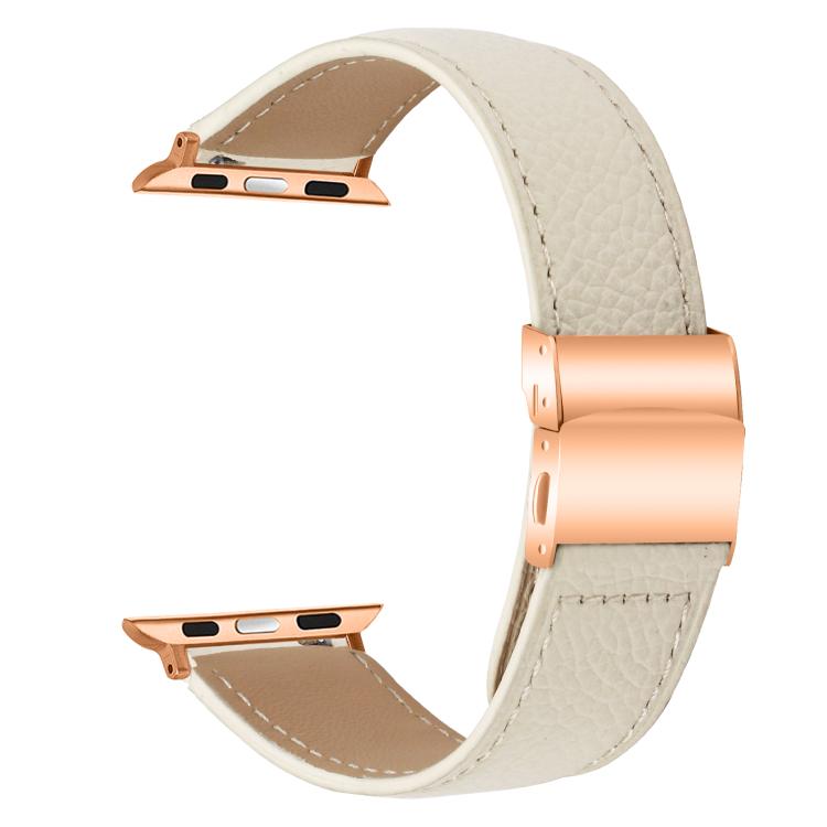 For Apple Watch 42mm / 41mm / 40mm / 38mm Lychee Texture Rose Gold Turtle Back Buckle Leather Watch Band(Creamy White) - free shipping - PMC TechLife - Order now!
