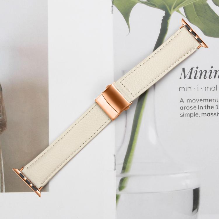 For Apple Watch 42mm / 41mm / 40mm / 38mm Lychee Texture Rose Gold Turtle Back Buckle Leather Watch Band(Creamy White) - free shipping - PMC TechLife - Order now!