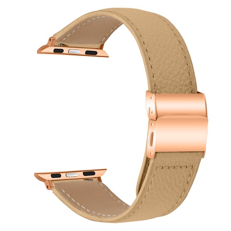 For Apple Watch 42mm / 41mm / 40mm / 38mm Lychee Texture Rose Gold Turtle Back Buckle Leather Watch Band(Camel) - free shipping - PMC TechLife - Order now!