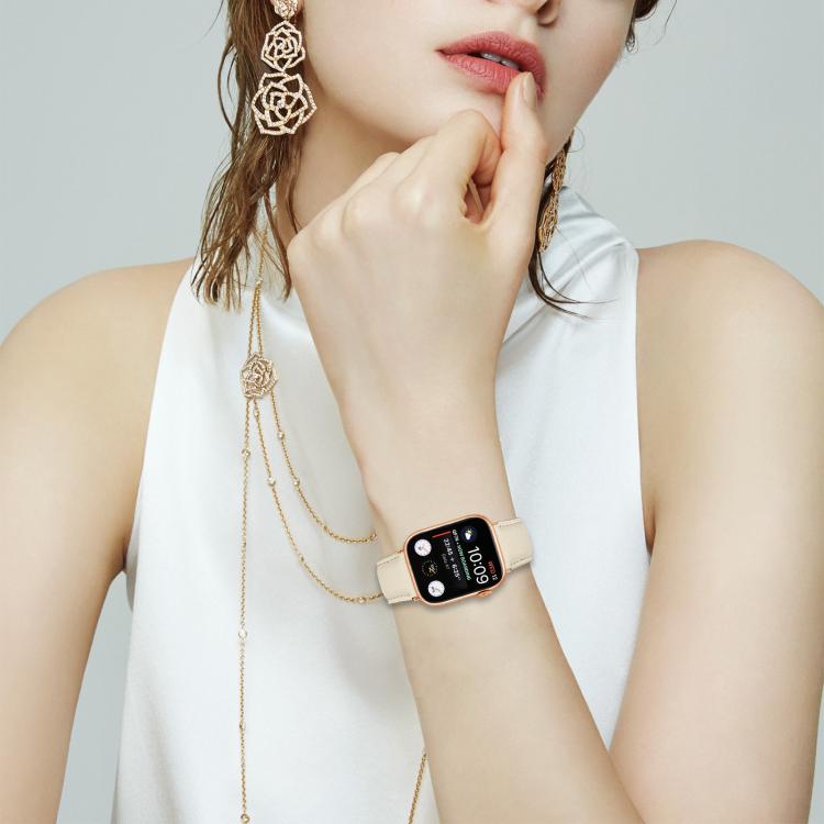 For Apple Watch 42mm / 41mm / 40mm / 38mm Lychee Texture Rose Gold Turtle Back Buckle Leather Watch Band(Creamy White) - free shipping - PMC TechLife - Order now!