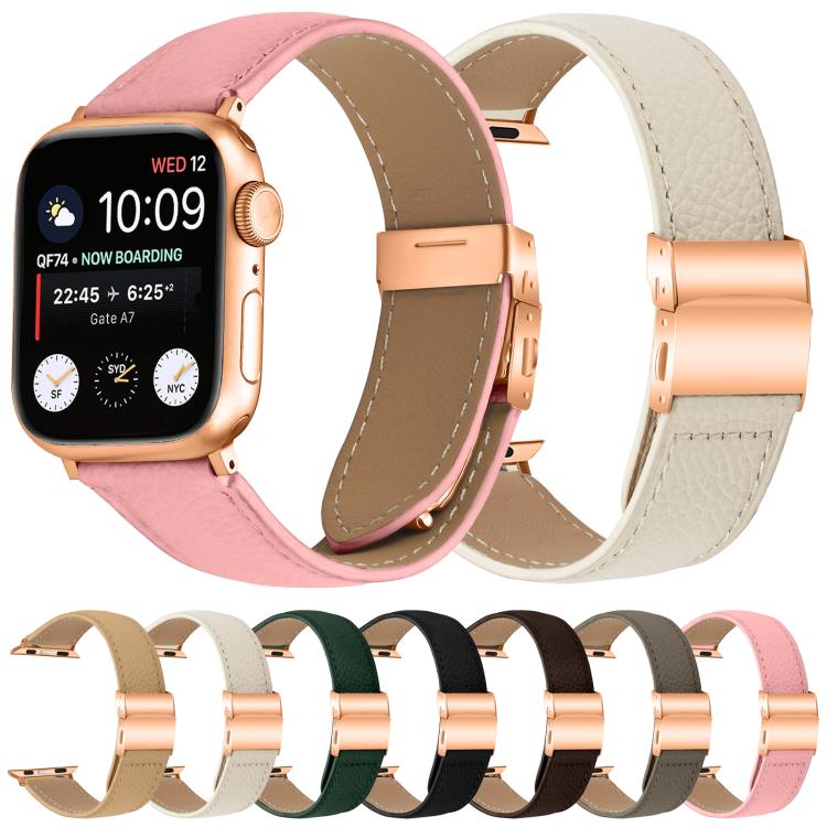 For Apple Watch 46mm / 49mm / 45mm / 44mm Lychee Texture Rose Gold Turtle Back Buckle Leather Watch Band(Green) - free shipping - PMC TechLife - Order now!