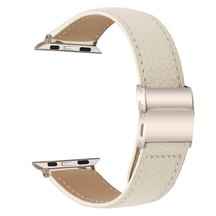 For Apple Watch 42mm / 41mm / 40mm / 38mm Lychee Texture Starlight Turtle Back Buckle Leather Watch Band(Creamy White) - Watch Bands by PMC TechLife | Online Shopping South Africa | PMC TechLife | Buy Now Pay Later Mobicred