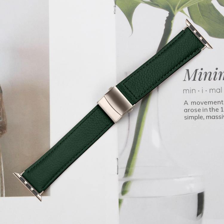 For Apple Watch 46mm / 49mm / 45mm / 44mm Lychee Texture Starlight Turtle Back Buckle Leather Watch Band(Green) - Watch Bands by PMC TechLife | Online Shopping South Africa | PMC TechLife | Buy Now Pay Later Mobicred