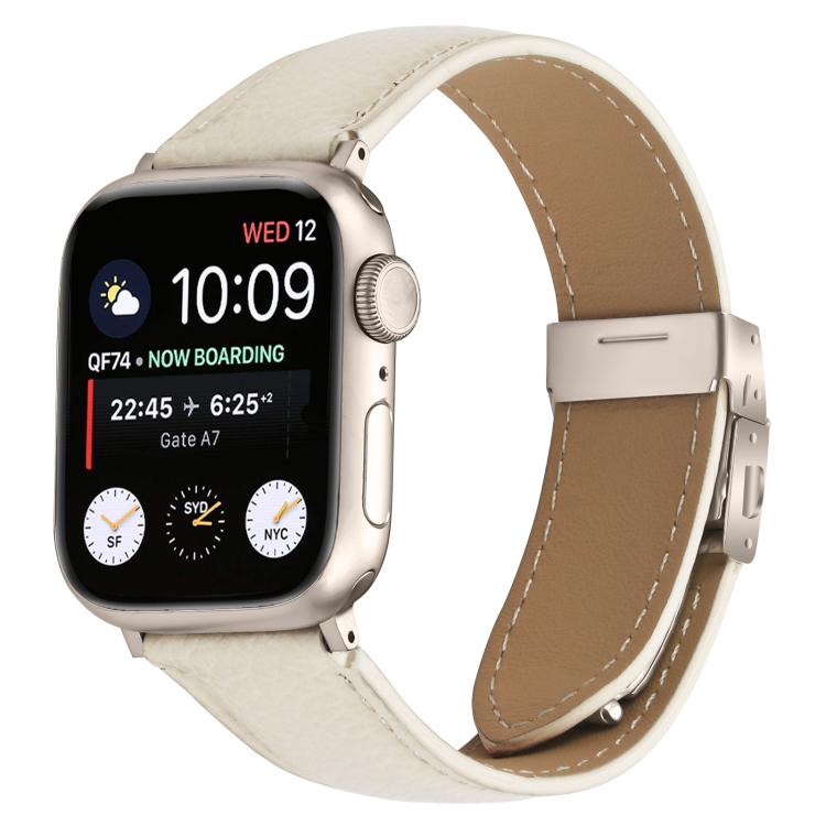 For Apple Watch 46mm / 49mm / 45mm / 44mm Lychee Texture Starlight Turtle Back Buckle Leather Watch Band(Creamy White) - Watch Bands by PMC TechLife | Online Shopping South Africa | PMC TechLife | Buy Now Pay Later Mobicred