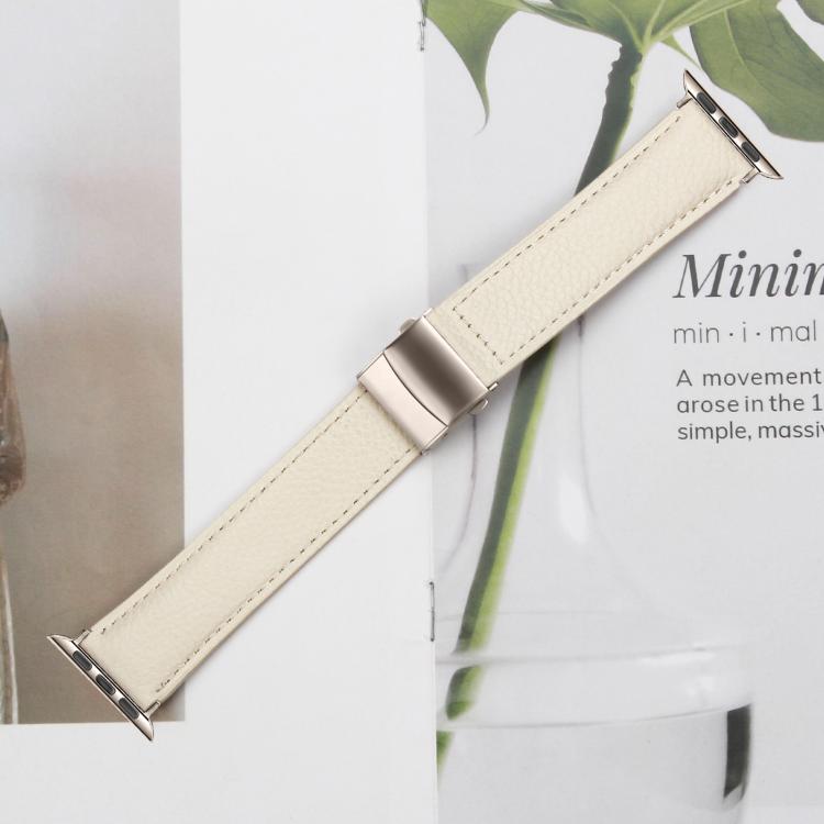 For Apple Watch 46mm / 49mm / 45mm / 44mm Lychee Texture Starlight Turtle Back Buckle Leather Watch Band(Creamy White) - Watch Bands by PMC TechLife | Online Shopping South Africa | PMC TechLife | Buy Now Pay Later Mobicred