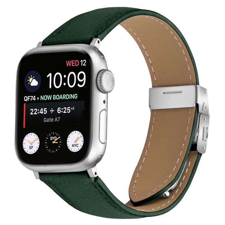 For Apple Watch 42mm / 41mm / 40mm / 38mm Lychee Texture Silver Turtle Back Buckle Leather Watch Band(Green) - free shipping - PMC TechLife - Order now!