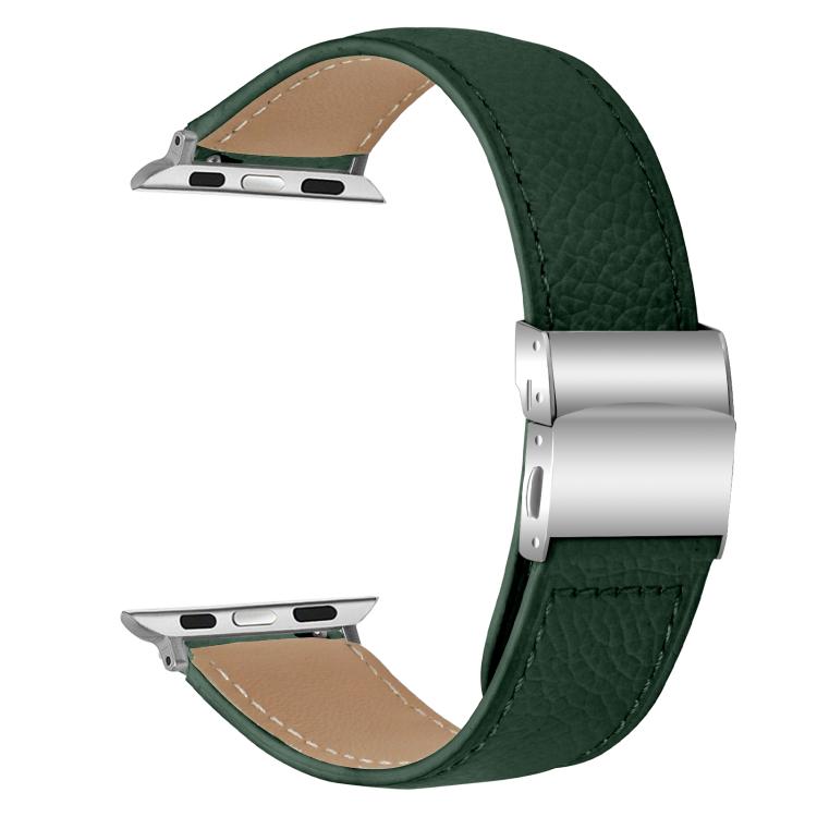 For Apple Watch 42mm / 41mm / 40mm / 38mm Lychee Texture Silver Turtle Back Buckle Leather Watch Band(Green) - free shipping - PMC TechLife - Order now!