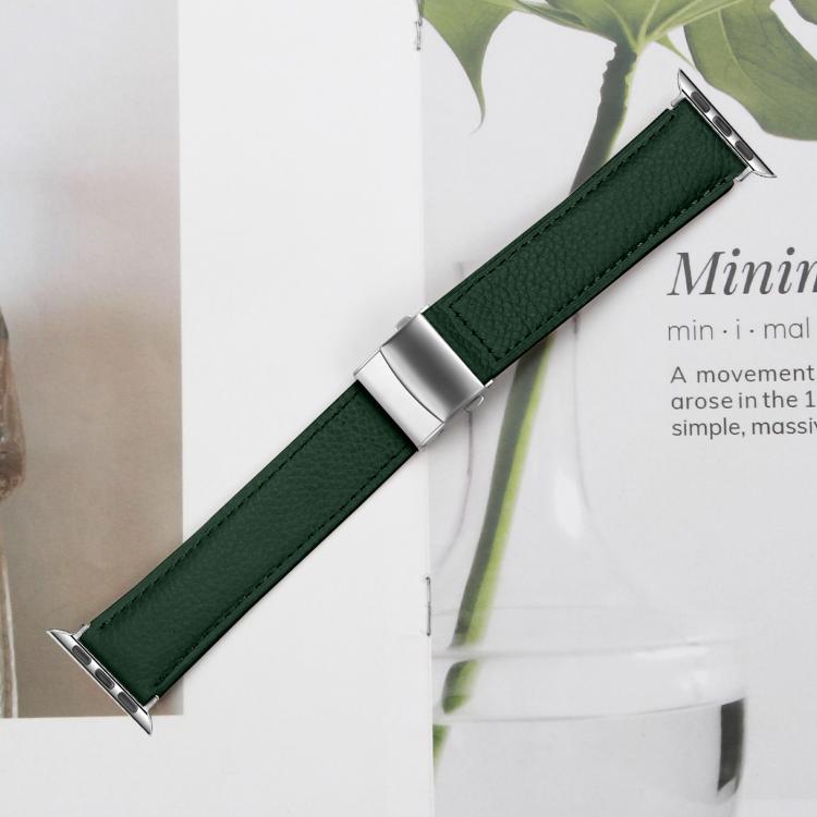 For Apple Watch 42mm / 41mm / 40mm / 38mm Lychee Texture Silver Turtle Back Buckle Leather Watch Band(Green) - free shipping - PMC TechLife - Order now!