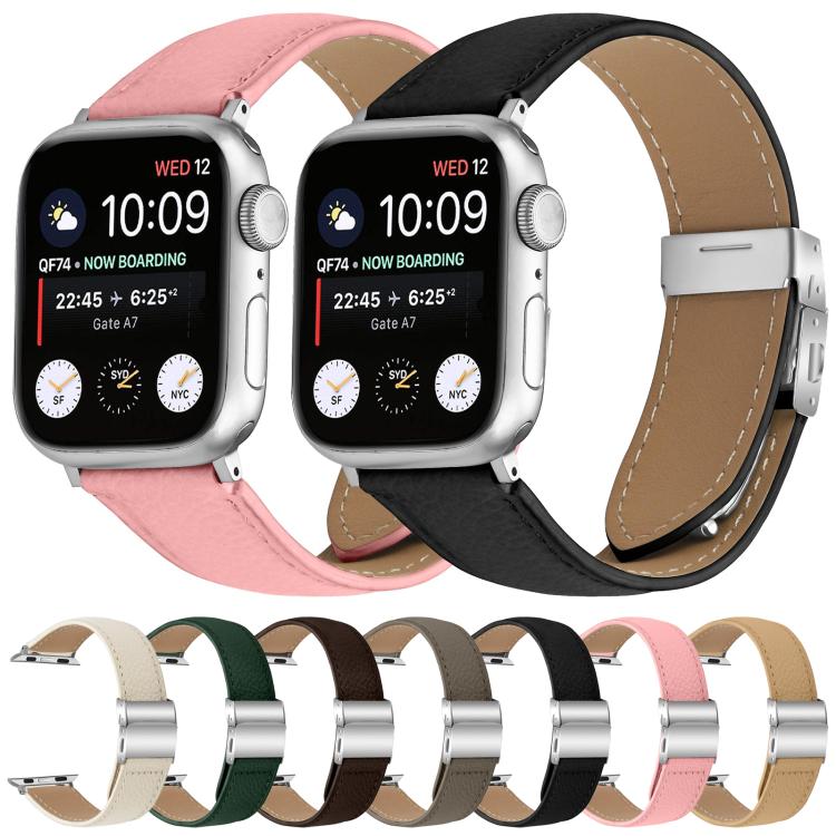 For Apple Watch 42mm / 41mm / 40mm / 38mm Lychee Texture Silver Turtle Back Buckle Leather Watch Band(Coffee Color) - free shipping - PMC TechLife - Order now!