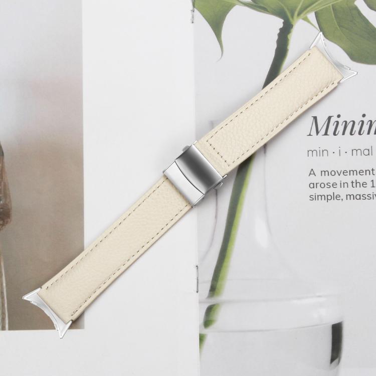 For Google Pixel Watch / Watch 2 / 3 41mm Lychee Texture Silver Turtle Back Buckle Leather Watch Band(Creamy White) - free shipping - PMC TechLife - Order now!