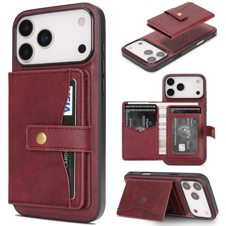 For iPhone 17 Pro Kalebol Magnetic Button Card Bag MagSafe Ring Leather Phone Case(Red) - iPhone 17 Pro Cases by Kalebol | Online Shopping South Africa | PMC TechLife | Buy Now Pay Later Mobicred