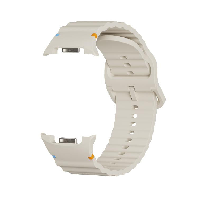 For Samsung Galaxy Watch8 44mm Rhombic Texture Bezel and Wavy Grain Stitched Color Buckle Silicone Watch Band(Beige Silver) - free shipping - PMC TechLife - Order now!