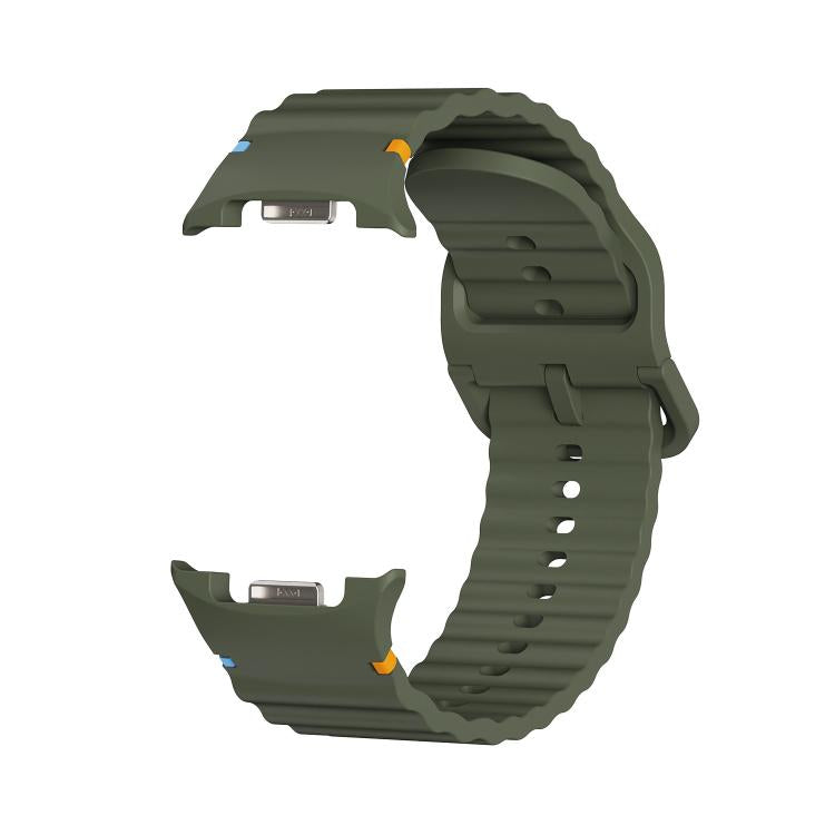 For Samsung Galaxy Watch8 44mm Rhombic Texture Bezel and Wavy Grain Stitched Color Buckle Silicone Watch Band(Army Green Silver) - free shipping - PMC TechLife - Order now!