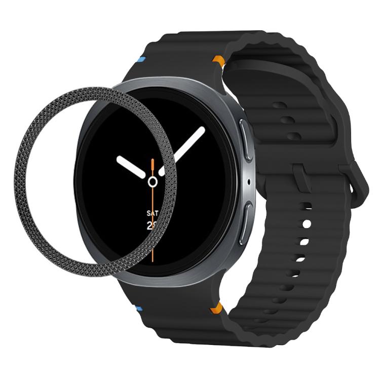 For Samsung Galaxy Watch8 44mm Rhombic Texture Bezel and Wavy Grain Stitched Color Buckle Silicone Watch Band(Black Black) - free shipping - PMC TechLife - Order now!