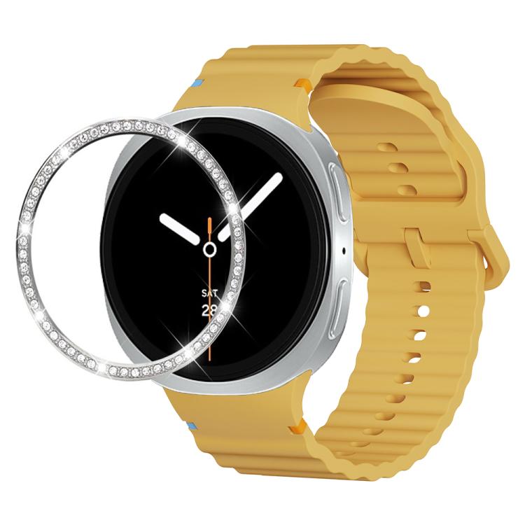For Samsung Galaxy Watch8 44mm Diamond Bezel and Wavy Grain Stitched Color Buckle Silicone Watch Band(Yellow Silver) - free shipping - PMC TechLife - Order now!