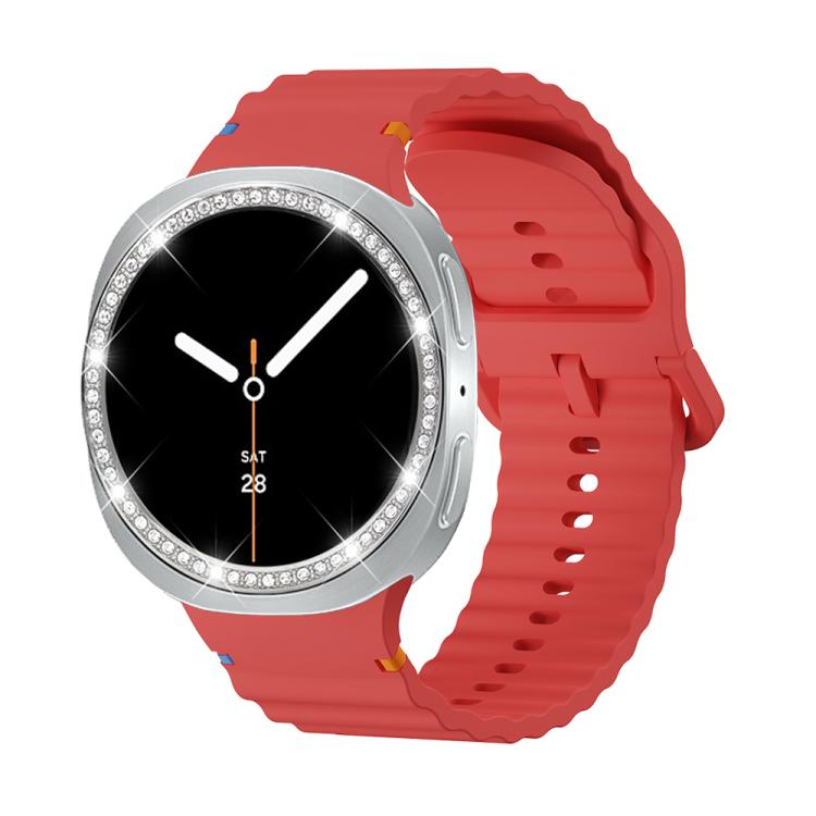 For Samsung Galaxy Watch8 44mm Diamond Bezel and Wavy Grain Stitched Color Buckle Silicone Watch Band(Red Silver) - free shipping - PMC TechLife - Order now!