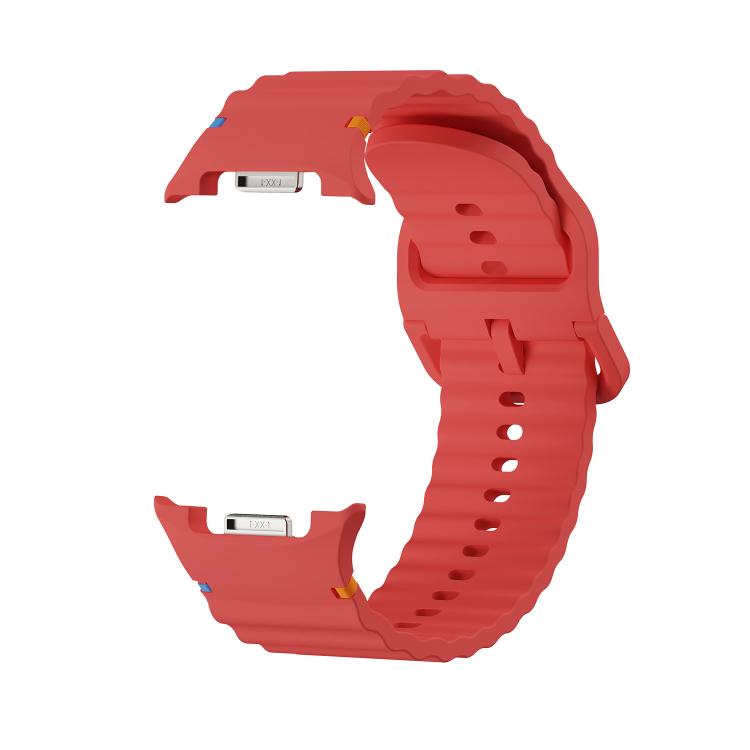 For Samsung Galaxy Watch8 44mm Diamond Bezel and Wavy Grain Stitched Color Buckle Silicone Watch Band(Red Silver) - free shipping - PMC TechLife - Order now!