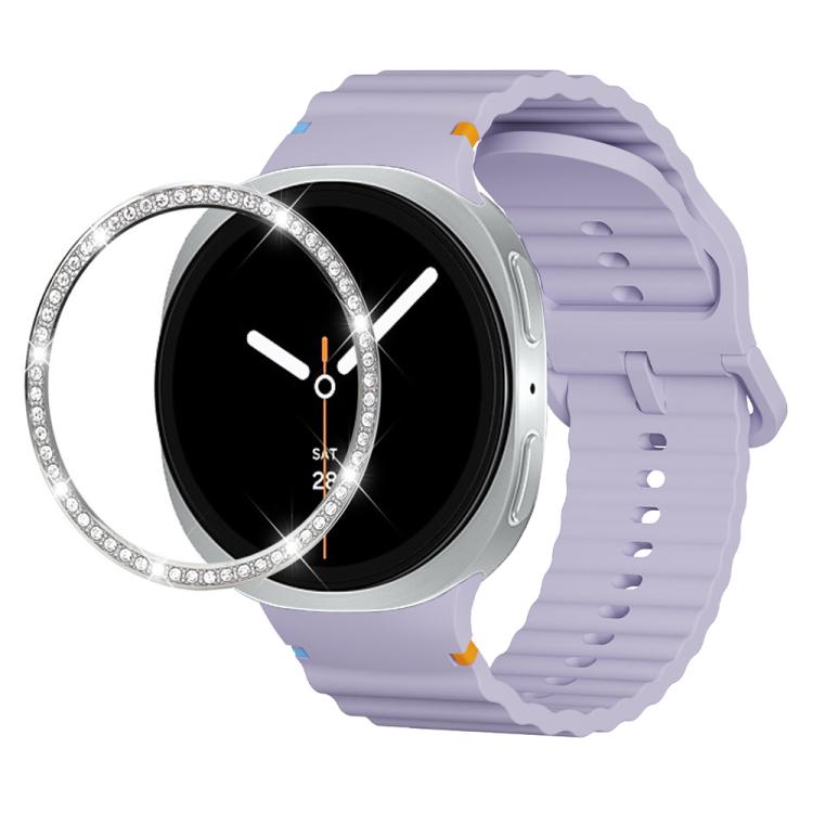 For Samsung Galaxy Watch8 44mm Diamond Bezel and Wavy Grain Stitched Color Buckle Silicone Watch Band(Purple Silver) - free shipping - PMC TechLife - Order now!