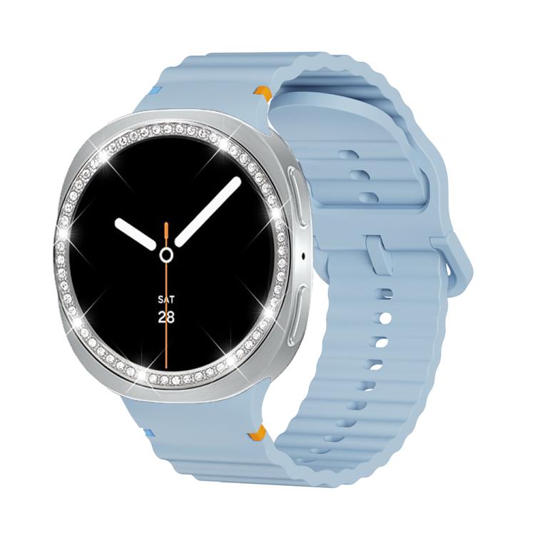 For Samsung Galaxy Watch8 44mm Diamond Bezel and Wavy Grain Stitched Color Buckle Silicone Watch Band(Light Blue Silver) - free shipping - PMC TechLife - Order now!