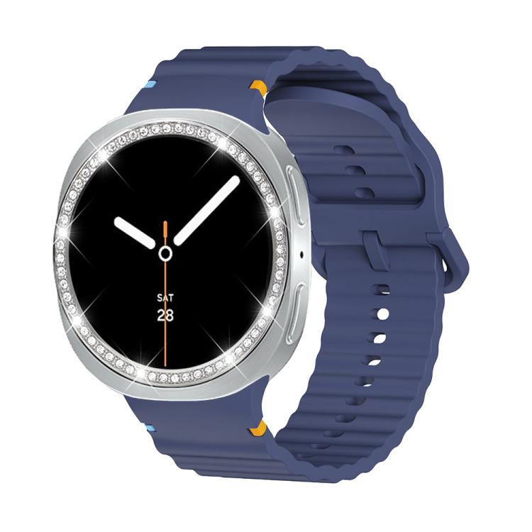 For Samsung Galaxy Watch8 44mm Diamond Bezel and Wavy Grain Stitched Color Buckle Silicone Watch Band(Midnight Blue Silver) - free shipping - PMC TechLife - Order now!