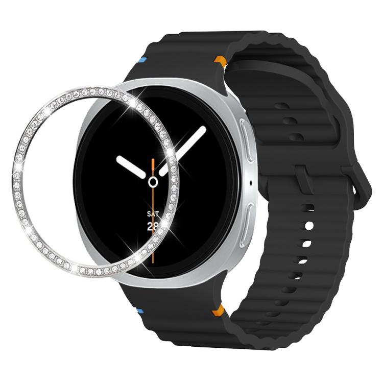 For Samsung Galaxy Watch8 44mm Diamond Bezel and Wavy Grain Stitched Color Buckle Silicone Watch Band(Black Silver) - free shipping - PMC TechLife - Order now!