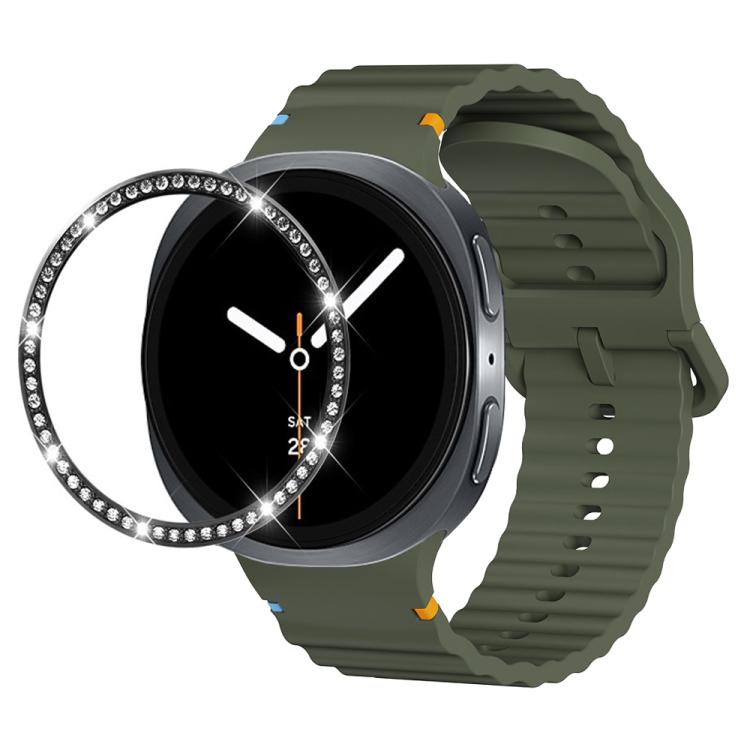For Samsung Galaxy Watch8 44mm Diamond Bezel and Wavy Grain Stitched Color Buckle Silicone Watch Band(Army Green Black) - free shipping - PMC TechLife - Order now!