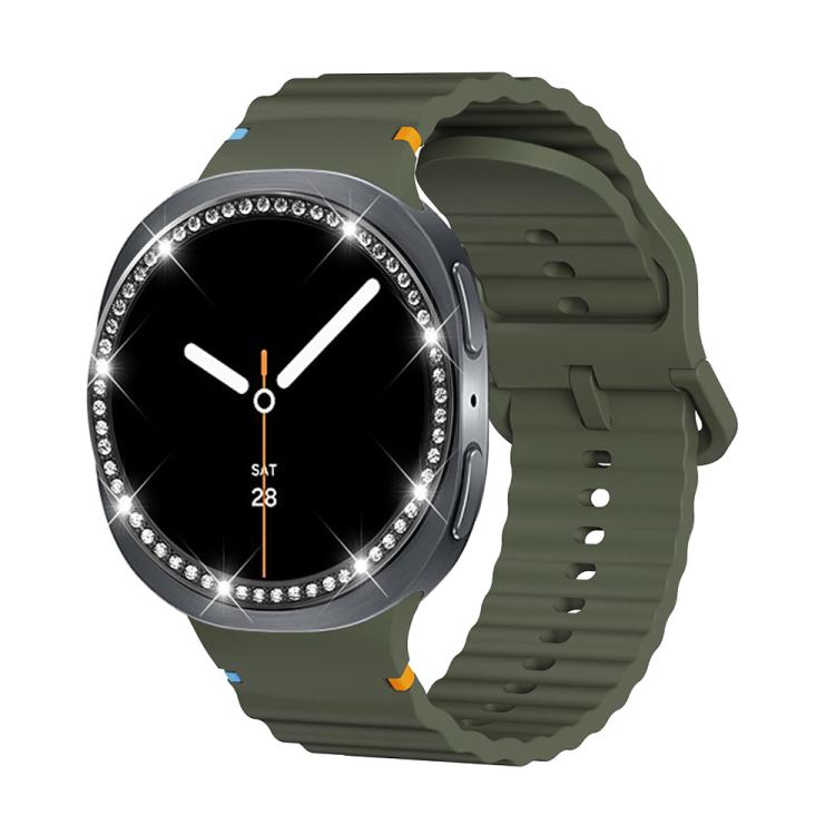For Samsung Galaxy Watch8 44mm Diamond Bezel and Wavy Grain Stitched Color Buckle Silicone Watch Band(Army Green Black) - free shipping - PMC TechLife - Order now!