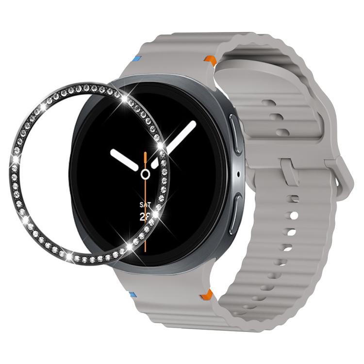 For Samsung Galaxy Watch8 44mm Diamond Bezel and Wavy Grain Stitched Color Buckle Silicone Watch Band(Gray Black) - free shipping - PMC TechLife - Order now!