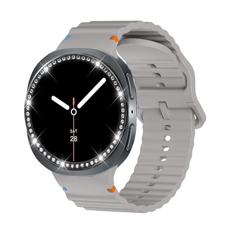 For Samsung Galaxy Watch8 44mm Diamond Bezel and Wavy Grain Stitched Color Buckle Silicone Watch Band(Gray Black) - free shipping - PMC TechLife - Order now!