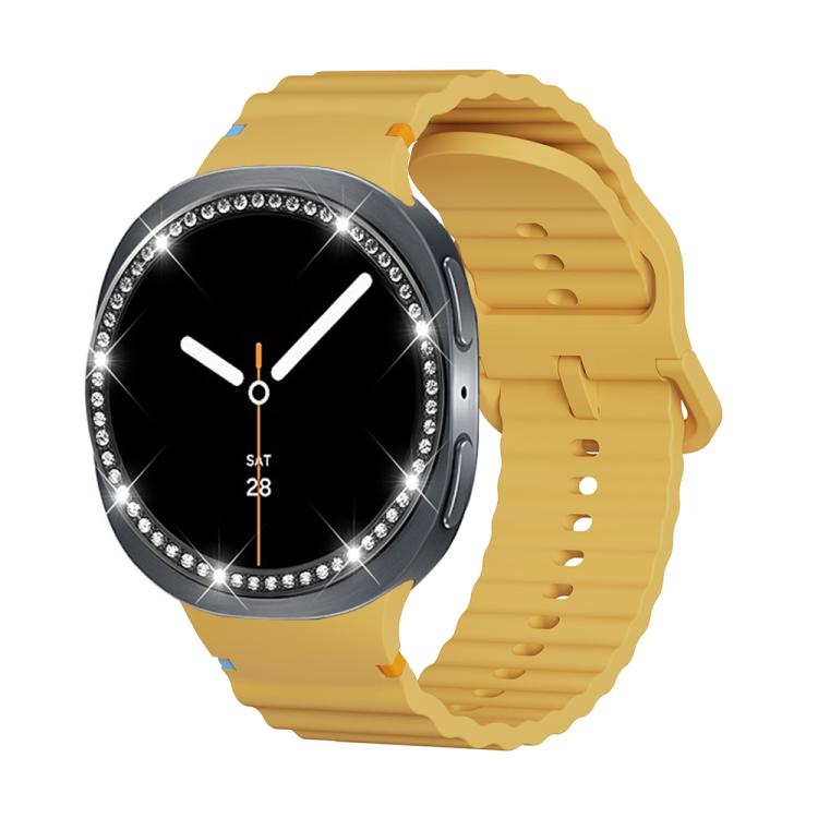 For Samsung Galaxy Watch8 44mm Diamond Bezel and Wavy Grain Stitched Color Buckle Silicone Watch Band(Yellow Black) - free shipping - PMC TechLife - Order now!
