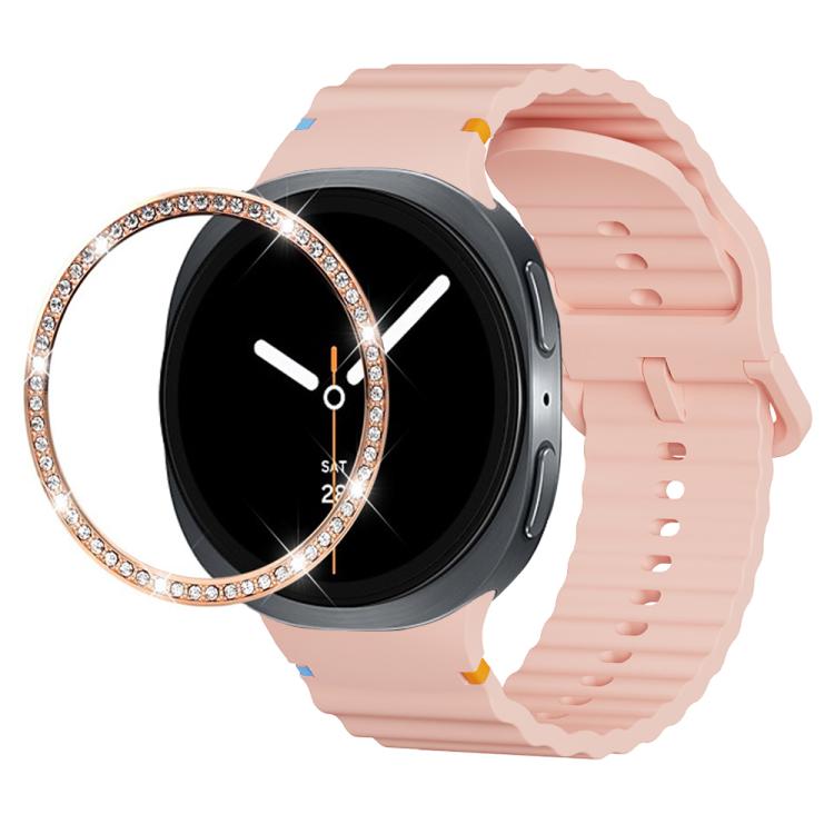 For Samsung Galaxy Watch8 44mm Diamond Bezel and Wavy Grain Stitched Color Buckle Silicone Watch Band(Pink Rose Gold) - free shipping - PMC TechLife - Order now!