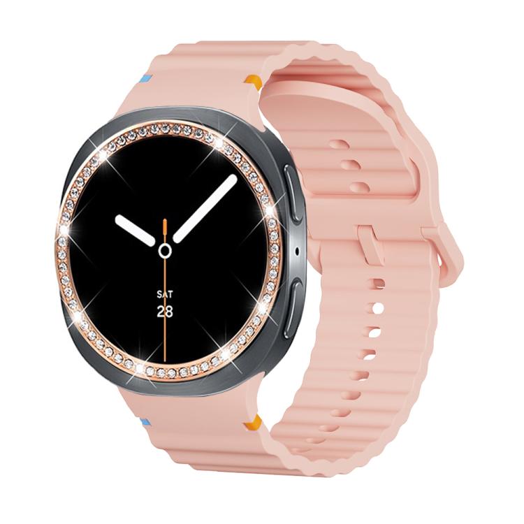For Samsung Galaxy Watch8 44mm Diamond Bezel and Wavy Grain Stitched Color Buckle Silicone Watch Band(Pink Rose Gold) - free shipping - PMC TechLife - Order now!