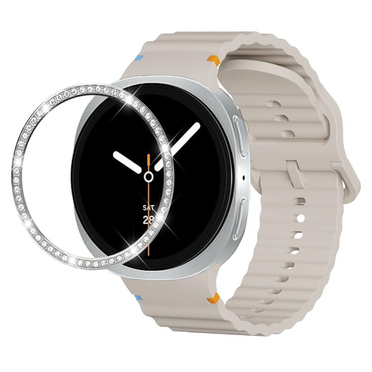For Samsung Galaxy Watch8 40mm Diamond Bezel and Wavy Grain Stitched Color Buckle Silicone Watch Band(Starlight Silver) - free shipping - PMC TechLife - Order now!