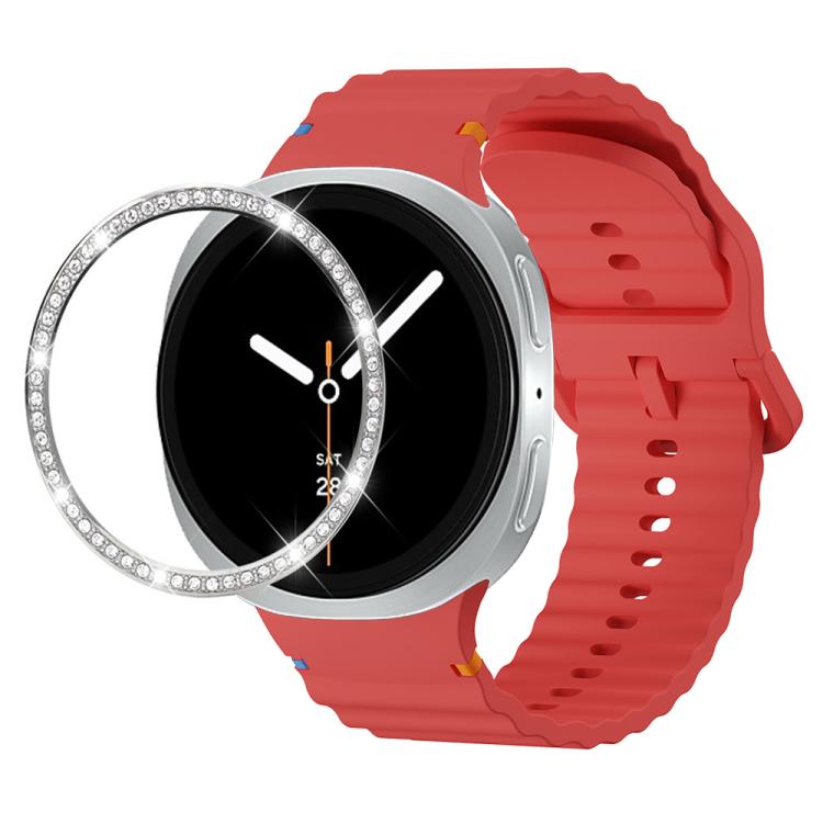 For Samsung Galaxy Watch8 40mm Diamond Bezel and Wavy Grain Stitched Color Buckle Silicone Watch Band(Red Silver) - free shipping - PMC TechLife - Order now!