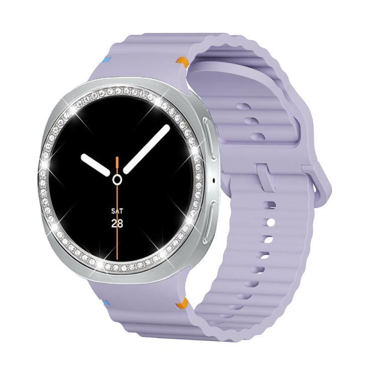 For Samsung Galaxy Watch8 40mm Diamond Bezel and Wavy Grain Stitched Color Buckle Silicone Watch Band(Purple Silver) - free shipping - PMC TechLife - Order now!