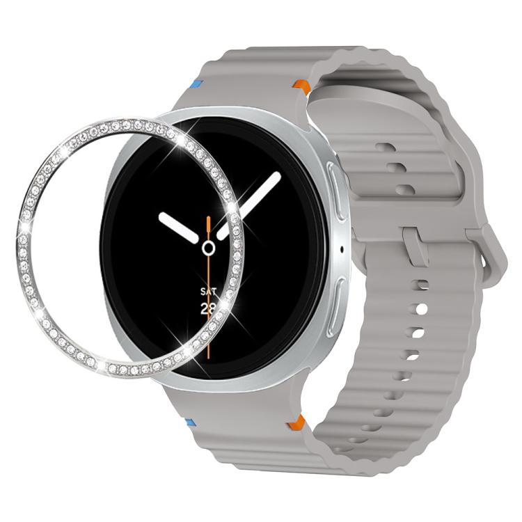For Samsung Galaxy Watch8 40mm Diamond Bezel and Wavy Grain Stitched Color Buckle Silicone Watch Band(Gray Silver) - free shipping - PMC TechLife - Order now!