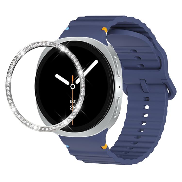 For Samsung Galaxy Watch8 40mm Diamond Bezel and Wavy Grain Stitched Color Buckle Silicone Watch Band(Midnight Blue Silver) - free shipping - PMC TechLife - Order now!