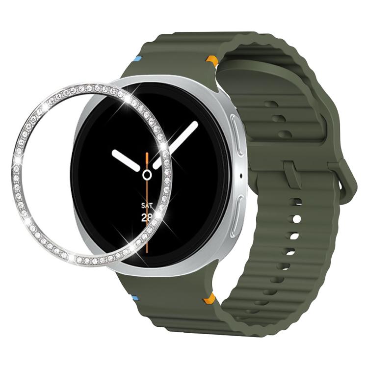 For Samsung Galaxy Watch8 40mm Diamond Bezel and Wavy Grain Stitched Color Buckle Silicone Watch Band(Army Green Silver) - free shipping - PMC TechLife - Order now!