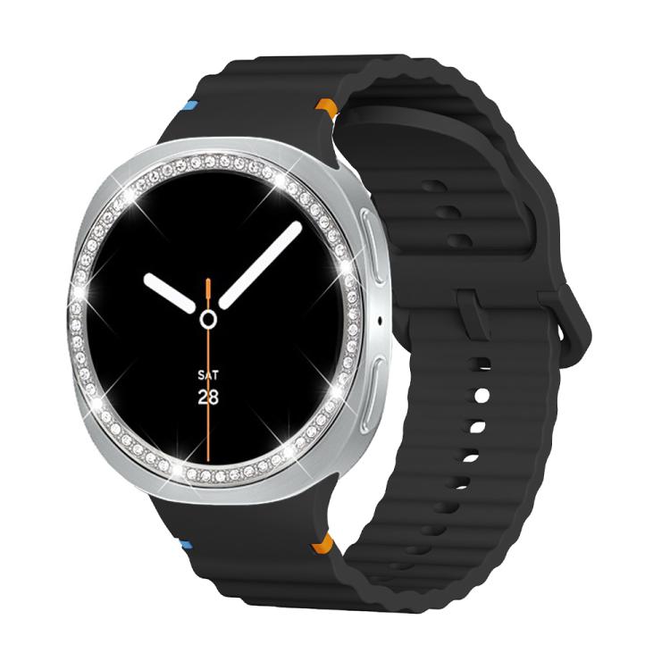 For Samsung Galaxy Watch8 40mm Diamond Bezel and Wavy Grain Stitched Color Buckle Silicone Watch Band(Black Silver) - free shipping - PMC TechLife - Order now!