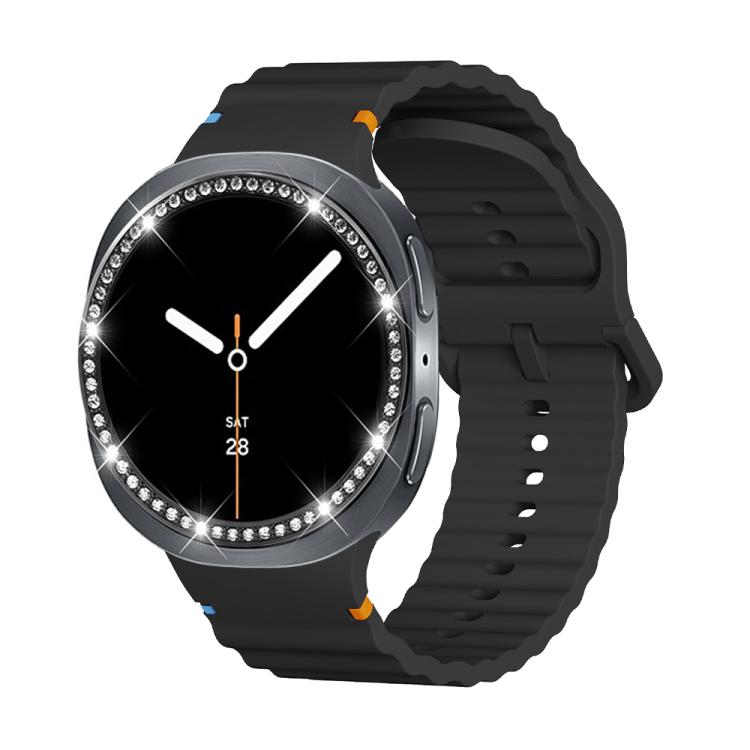 For Samsung Galaxy Watch8 40mm Diamond Bezel and Wavy Grain Stitched Color Buckle Silicone Watch Band(Black Black) - free shipping - PMC TechLife - Order now!
