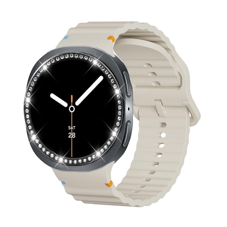 For Samsung Galaxy Watch8 40mm Diamond Bezel and Wavy Grain Stitched Color Buckle Silicone Watch Band(Beige Black) - free shipping - PMC TechLife - Order now!