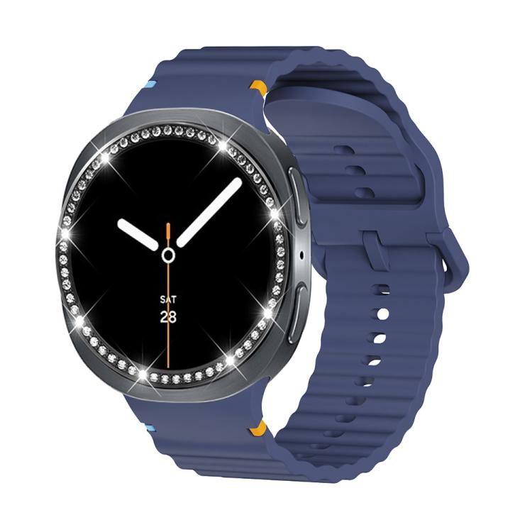 For Samsung Galaxy Watch8 40mm Diamond Bezel and Wavy Grain Stitched Color Buckle Silicone Watch Band(Midnight Blue Black) - free shipping - PMC TechLife - Order now!