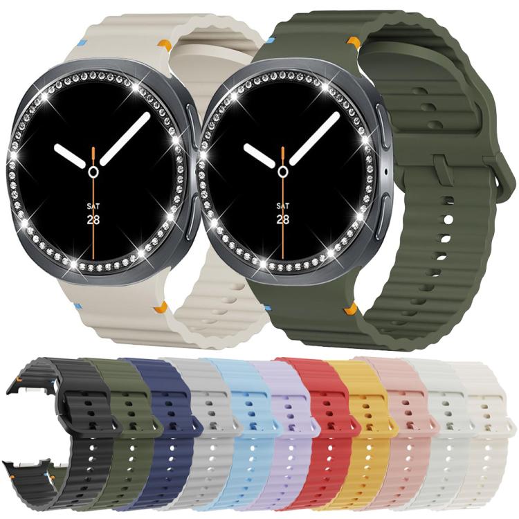 For Samsung Galaxy Watch8 44mm Diamond Bezel and Wavy Grain Stitched Color Buckle Silicone Watch Band(Starlight Silver) - free shipping - PMC TechLife - Order now!