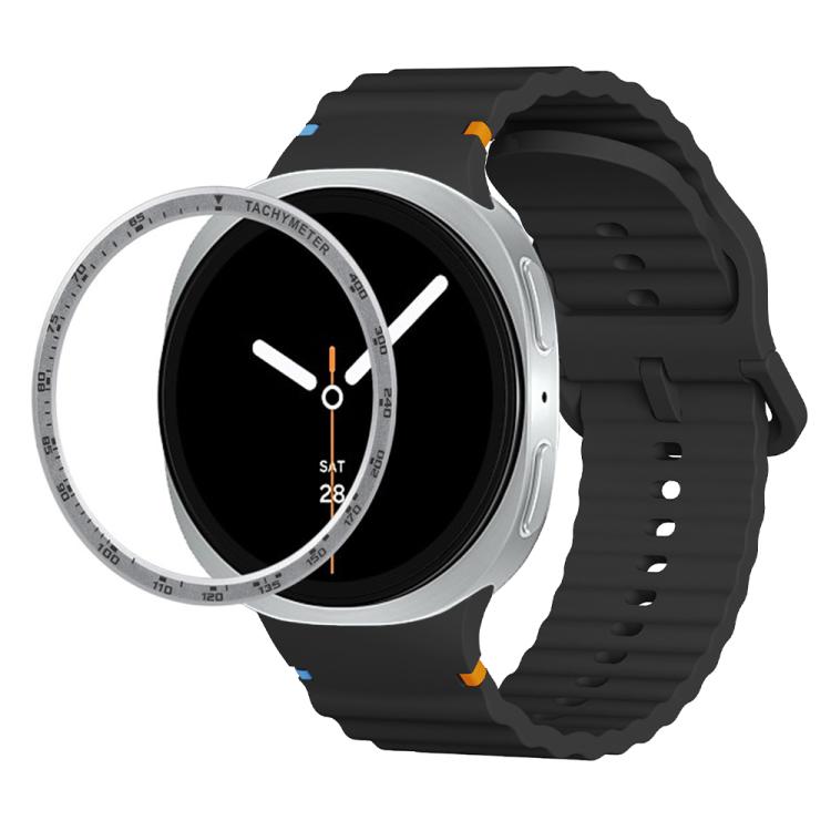 For Samsung Galaxy Watch8 44mm Speed Bezel and Wavy Grain Stitched Color Buckle Silicone Watch Band(Black Silver) - free shipping - PMC TechLife - Order now!