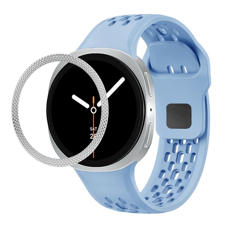 For Samsung Galaxy Watch8 40mm Rhombic Texture Bezel and Black Reverse Buckle Silicone Watch Band(Light Blue Silver) - free shipping - PMC TechLife - Order now!
