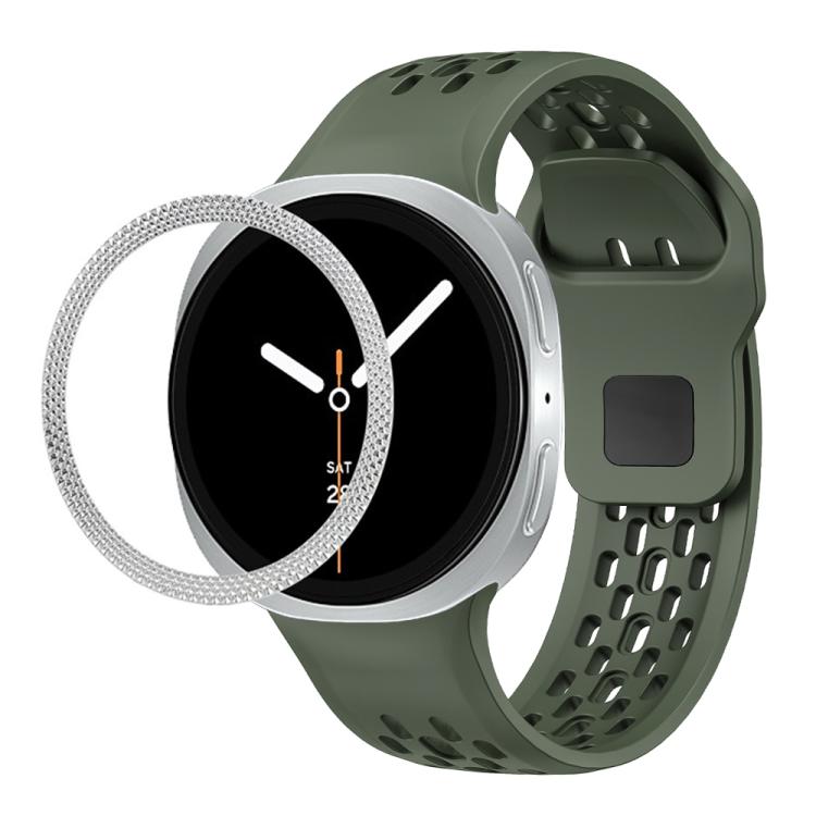 For Samsung Galaxy Watch8 40mm Rhombic Texture Bezel and Black Reverse Buckle Silicone Watch Band(Army Green Silver) - free shipping - PMC TechLife - Order now!